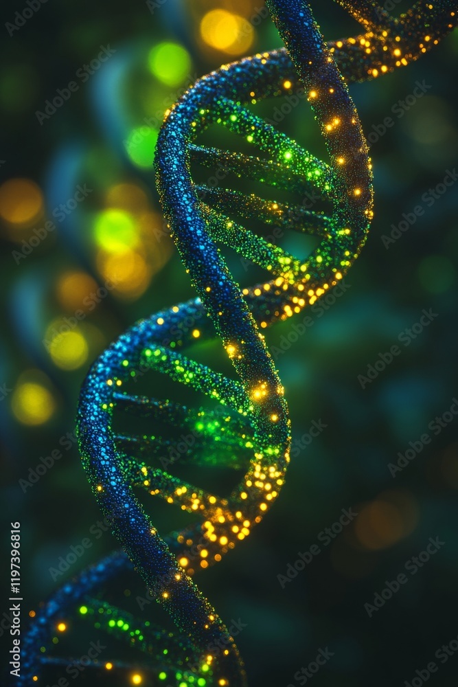 Poster glowing 3d rendered dna helix structure with bokeh effect, enigmatic blue and green palette.