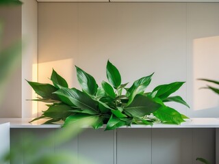 Lush Green Leaves in Modern Office Space with Soft Lighting and Clean Design
