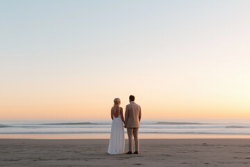 Fototapeta premium A couple standing on a beach at sunset. The man is wearing a suit and the woman is wearing a dress. They are holding hands and looking out at the ocean