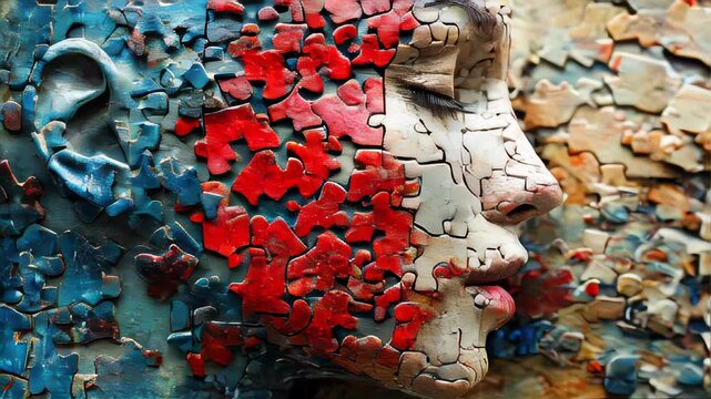 A female face composed of interlocking puzzle pieces, symbolizing mental health, complexity, and the fragility of the human mind