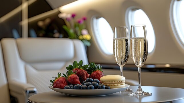 Elegant private jet interior showcases white leather seats, a rich fruit platter, and crystal glassware paired with fine champagne