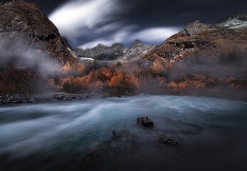 Experience the serene rivers and majestic mountains of Western Sichuan's Great Beauty during early morning mist