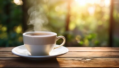 Obraz premium Warm Coffee Steam Rising in a White Mug on Wooden Table Outdoors Sunny Morning
