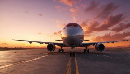 Airplane parked on runway with stunning sunset colors, stunning sunset backdrop, rich hues