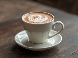 Elegant Coffee Cup with Intricate Rose Latte Art on Wooden Table Surface