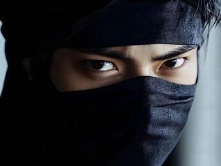 Naklejka premium Intense Gaze: A Mysterious Ninja Portrait in Dark Dramatic Lighting
