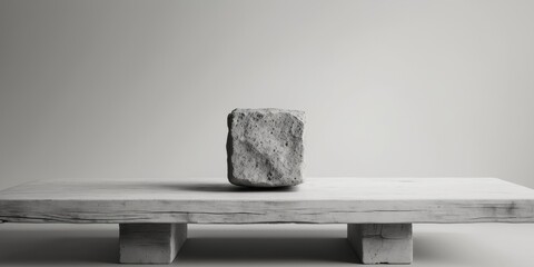 Stone Cube Balanced Above Wooden Block On Table
