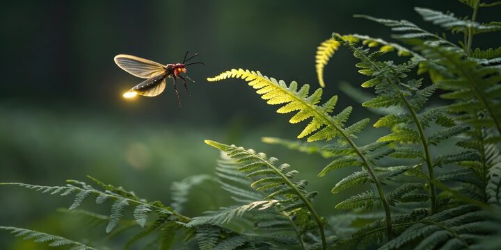 A firefly hovering above a fern its light illuminating the delicate fronds, twinkling lights, soft illumination
