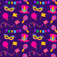 Seamless Mardi Gras pattern with colorful masks beads and maracas on a dark background