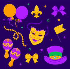 Mardi Gras elements with balloons, fleur-de-lis, beads, hat, mask, and decorative items