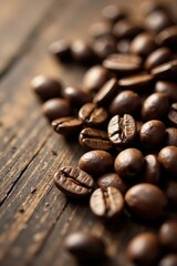 Naklejka premium Close-up of coffee beans on aged wooden board , close-up, backdrop