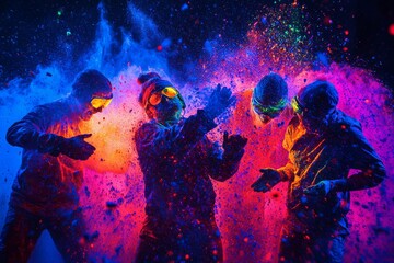 Fototapeta premium Colorful celebration of joy as people throw powder during a vibrant street festival in the city