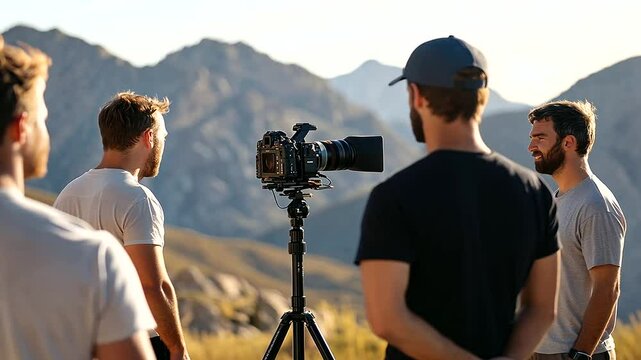 Film Director Directing Cast on Outdoor Set with Mountains