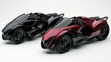 Futuristic three-wheeled motorcycles studio shot, sleek design, white background, transportation concept
