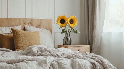 A contemporary bedroom with a sunflower vase, soft bedding, and wooden furniture for a relaxed aesthetic.