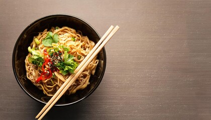 Delicious Asian Noodles in Black Bowl with Chopsticks Overhead Shot Food Photography