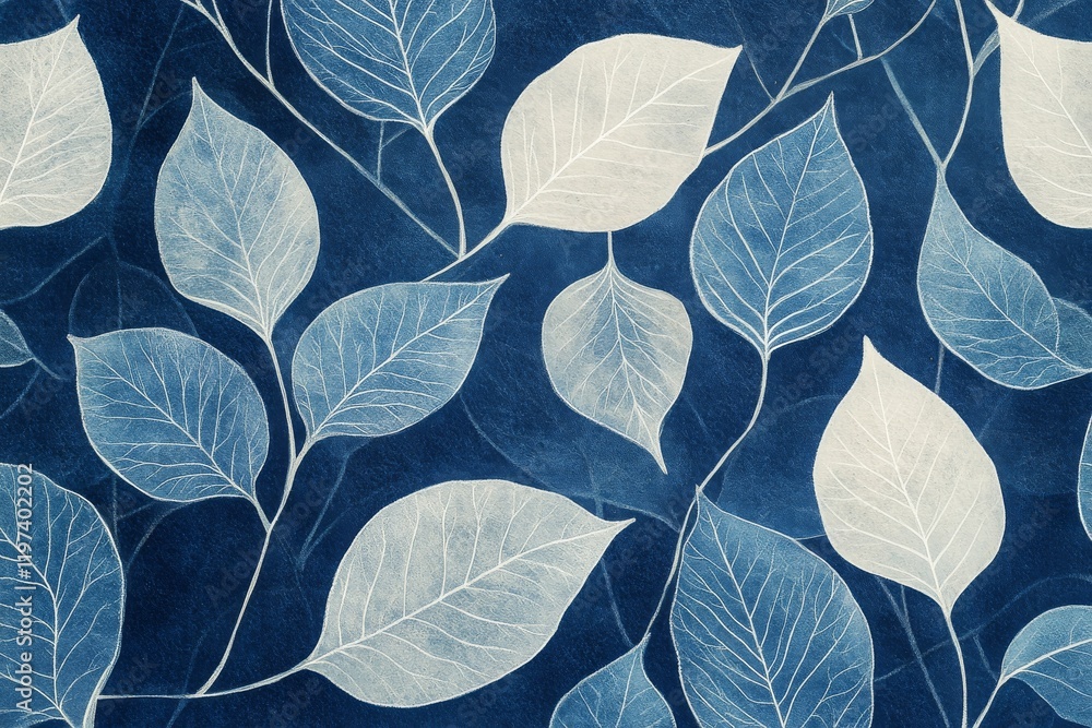 Poster blue background with delicate white and light blue leaf patterns creating a calming atmosphere