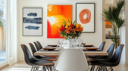 A contemporary dining room with bold artwork on the walls, modern chairs, and a centerpiece of fresh flowers.