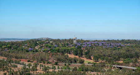 Water tower and blooming jacaranda trees close to Pretoria city, South Africa.