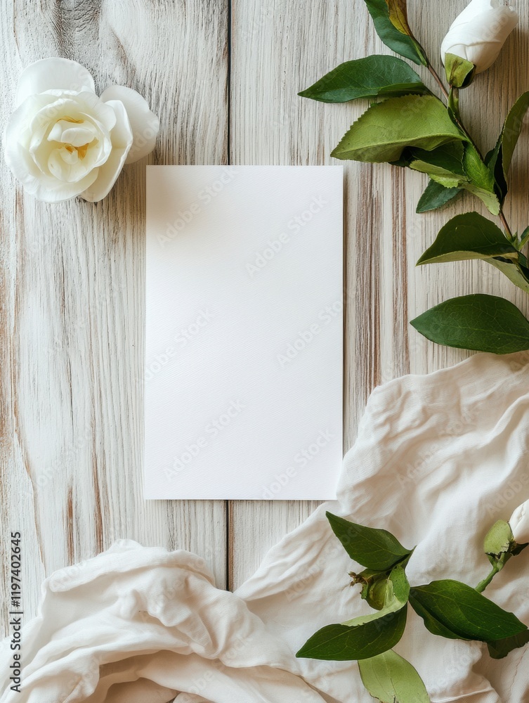 Poster empty white paper mock up surrounded by greenery and fabric on wooden surface for text placement. ge
