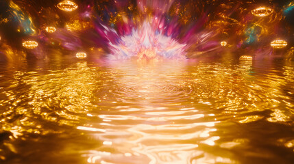 6. An expansive desert of liquid gold reflecting a sky filled with massive interconnected energy rings, with futuristic explorers interacting with hovering devices analyzing the surreal environment 