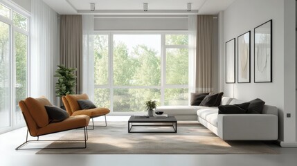 Fototapeta premium A contemporary flat with large windows, trendy furniture, and clean, neutral decor for a bright and airy vibe.