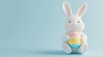 Fototapeta premium 3D clay Easter scene with adorable white rabbit holding a colorful easter egg on blue background, symbolizing spring celebration and joy
