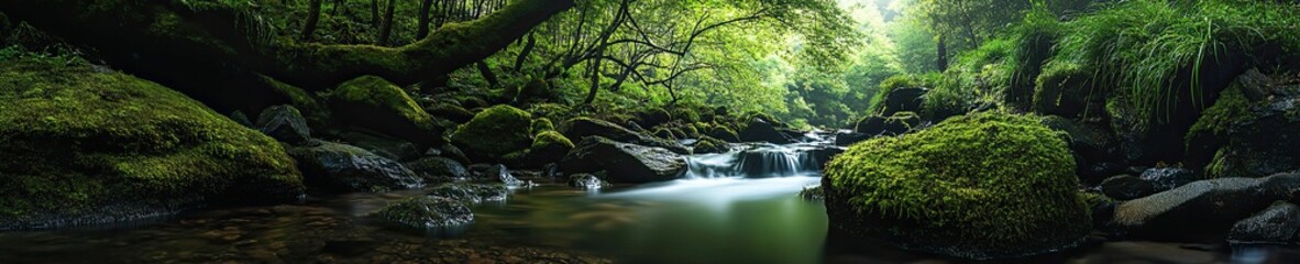 Fototapeta premium Moss-covered rocks, stream flows through lush green forest.