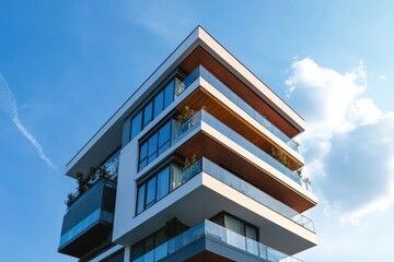 A tall apartment building with many balconies under a blue sky