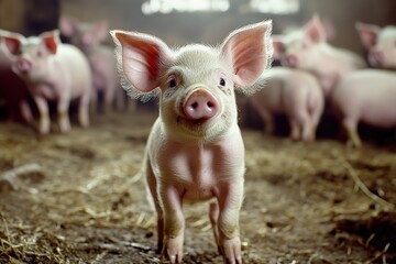 A pig is comfortably sitting on the ground and is looking at the camera
