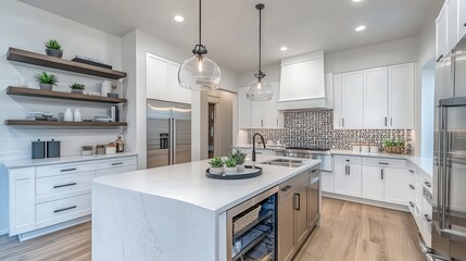 A contemporary kitchen with open shelving, modern appliances, and decorative tiles adding visual interest.