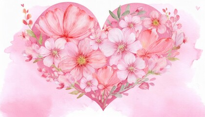 Obraz premium Delicate heart-shaped arrangement of pastel pink flowers on a soft pink watercolor background