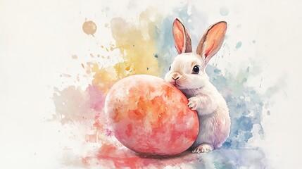Easter watercolor illustration of a bunny peeking out of a giant egg
