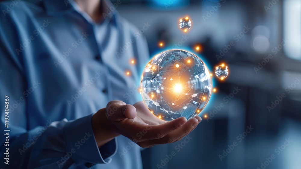 Poster a person holds a glowing, spherical object with luminous particles, symbolizing technology and innov