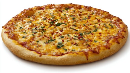 A cheese pizza topped with oregano and chili flakes, displayed on a white surface