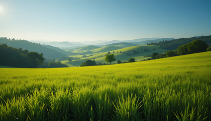 Obraz premium Green Meadow Landscape with Rolling Hills and Lush Countryside Views
