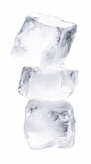 Stack of Three Crystal Clear Ice Cubes on White Background