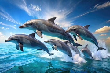 Fototapeta premium A group of dolphins playing and swimming together in the ocean, seawater, sea creature, ocean environment, dolphin behavior