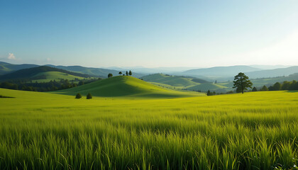 Obraz premium Green Meadow Landscape with Rolling Hills and Lush Countryside Views