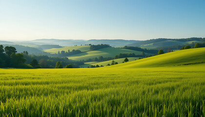 Obraz premium Green Meadow Landscape with Rolling Hills and Lush Countryside Views