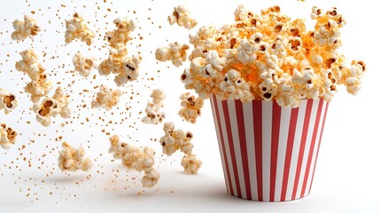 Buttery popcorn in a striped box with flying kernels, the perfect movie snack for a fun treat.
