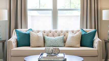 A cozy apartment featuring a trendy sofa, stylish throw pillows, and a small coffee table with decorative books.