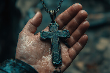 hand holding a cross pendant in a moment of prayer.