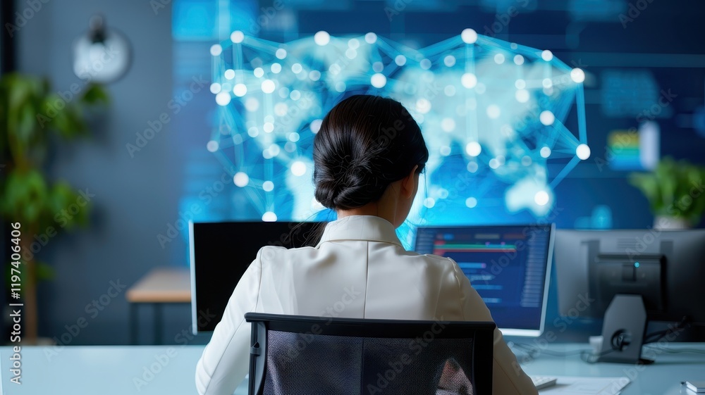 Poster a professional woman works at a computer, focused on data analysis, with a digital world map display