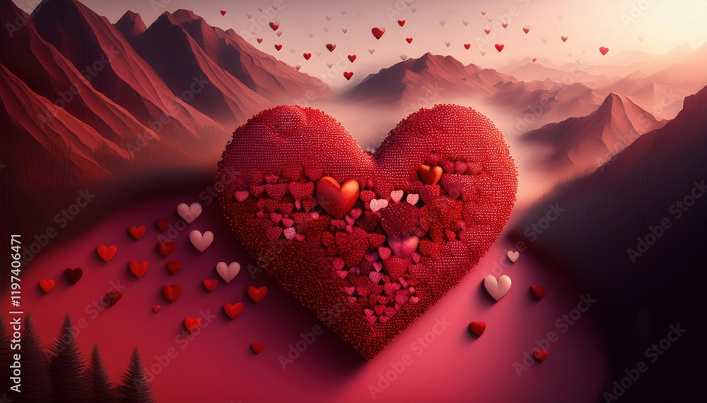 Poster firefly heart-shaped symbol created from small hearts representing unity and deep love in a dreamy l