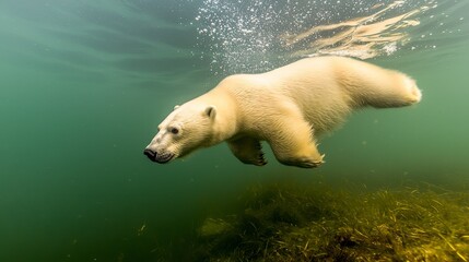 Majestic Polar Bear Swimming Gracefully Underwater Amongst Aquatic Vegetation in a Crystal-Clear Ocean Scene Captured with Stunning Clarity and Detail