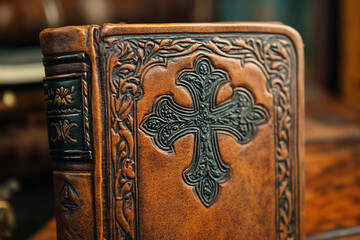 leather bound Bible with an embossed cross.