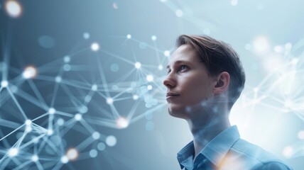 A young man gazes thoughtfully amidst a backdrop of abstract digital connections and light patterns, symbolizing innovation and technology.