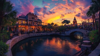 Fototapeta premium A beautiful sunset over the river walk in San Antonio, Texas, with buildings and palm trees