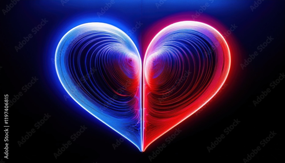Poster symbolic heart design representing unity and duality with vibrant blue and red colors